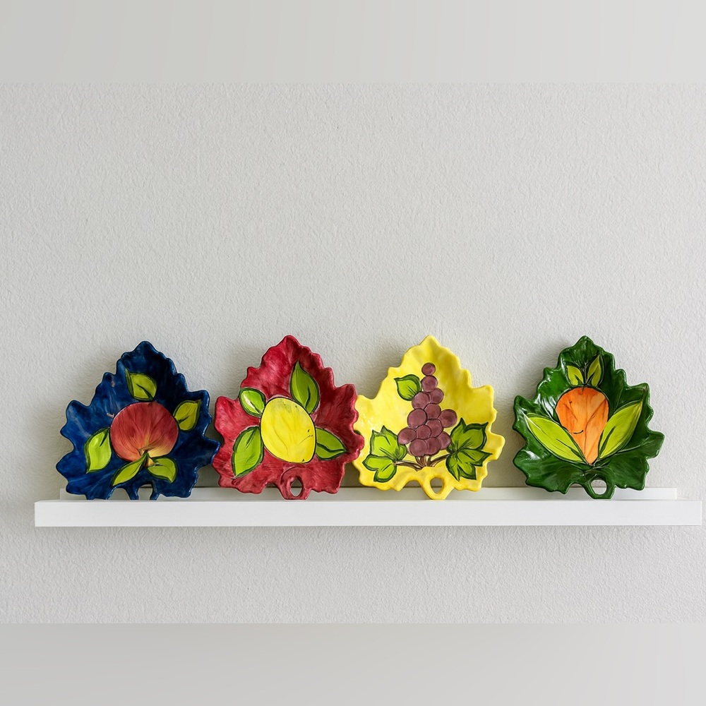 Vintage Vietri ceramic leaf plates with hand-painted fruit designs set of 4